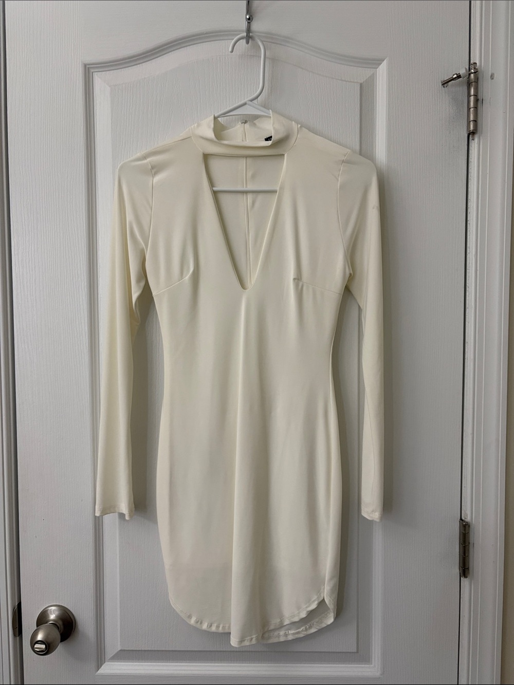 Long Sleeve V-Neck Mini Dress — Cream
